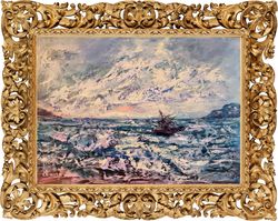 Mountains Sea Ship Ocean Sunset Original Art Oil Painting Artist Svinar Oksana