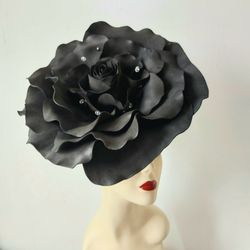 Black Rose Crystal Derby Hat Black wedding Big Flower Bridal Fascinator Gothic headdress Evening Hat Dark fairy