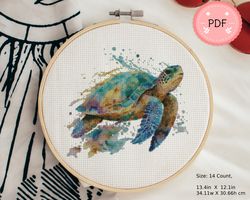 Colorful Sea Turtle Cross Stitch Pattern , Instant Download ,Watercolor, Ocean Wave ,Under Sea , Sea Landscape