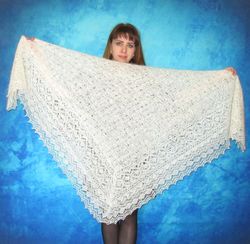 White thick hand knit Russian shawl, Orenburg wool wrap, Warm kerchief, Wedding stole, Bridal cover up, Big scarf, Cape