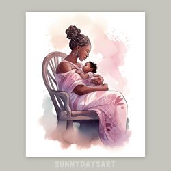 cute black girl poster, black mom with newborn baby girl, nursery decor, mom and daughter, printable art, watercolor art