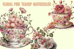 Floral Pink Teacup Watercolor, Flower Png