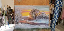 Winter sunset. Painting.  Art.  Wall Art. Oil Painting Artwork. Decor for kitchen, living room, cafee