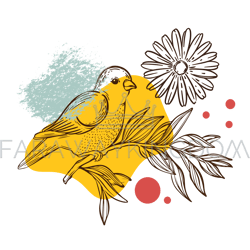 WARBLER ON FLOWER Collage Sketched Bird Packaging Vector