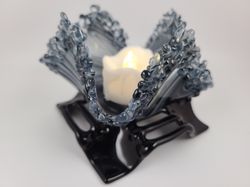 2114 - Lace Edge Black, White and Clear Baroque Fused Glass Candleholder