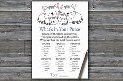 Kittens What's in your purse game,Cat or Kittens Baby shower games printable,Fun Baby Shower Activity-340