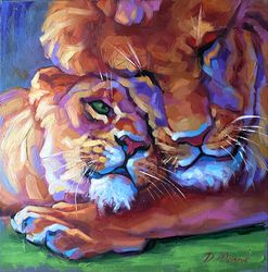 Lion And Lioness Painting Original African Animal Artwork Oil On Canvas 16x16 Inch Wildlife Wall Art