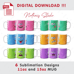 6 Funny Monsters Sublimation Designs - 11oz 15oz MUG - Digital Mug Wrap