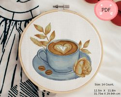 Coffee Cross Stitch Pattern , Instant Download ,Latte X Stitch Chart,Cappucino,Coffee With Rose,Coffee Beans