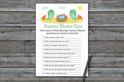 Birds Nursery rhyme quiz baby shower game card,Birds and nest Baby shower games printable,Fun Baby Shower Activity-338