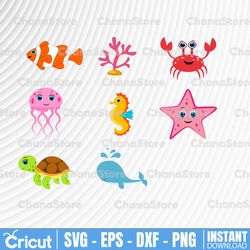 Sea Animal Cut Files, Sea Animal SVG, Sea Animal Clip Art, Cute Ocean Animals, Baby Ocean Animal SVG