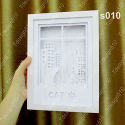 Cats window city Paper cut light box template, shadow box, 3D papercut lightbox svg file DIY, cutting cricut