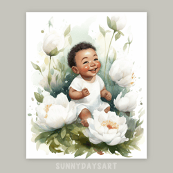 Cute black boy poster, cute black baby boy in white flowers, nursery decor, printable art, watercolor art for boys room