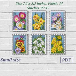 Set 6 Small cross stitch pattern PDF flowers, Spring, Stamp, Mini, Plastic canvas, Counted,Bookmark , Plant, Embroidery