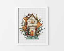 Rustic House Cross Stitch Pattern, Floral Cross Stitch Chart, House Cross Stitch, Cute Cross Stitch, Digital PDF File