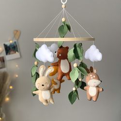 Woodland baby mobile, forest baby mobile, woodland nursery decor, baby crib mobile with forest animals hare deer bear