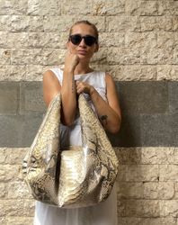 Big Soft Hobo Classy Sport Woman Cream Bag | Purse Genuine Python Skin | Black Big Elegant Leather Designer Soft Bag