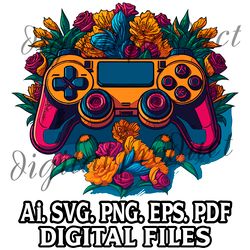 Game Controller and Flowers on Background Digital file SVG,PNG,AI,EPS,PDF files Sublimation Digital File