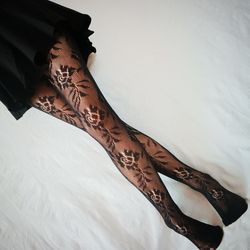 Floral Black Tights Womens Lace Fishnet Pantyhose Pattern Design Stockings Boho