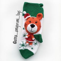 Crochet christmas stocking pattern in English Xmas sock pattern Christmas crochet pattern tiger Amigurumi patten