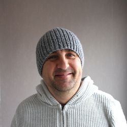 Variegated knit men's winter hat, Gray wool-blend beanie, Handmade thermal cap, Extra thick hat, Gift for him