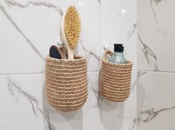 Wall hanging bathroom storage basket set - Eco friendly farmhouse kitchen storage and organization jute pocket