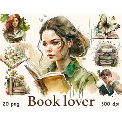 Book Lover Clipart | Watercolor Portrait Illustration Set