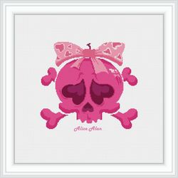 Cross stitch pattern sugar Skull bow silhouette Mexican ethnic monochrome pink Halloween counted crossstitch patterns