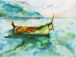 Green Canoe Watercolor Painting - digital file that you will download
