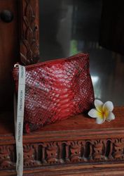 Genuine python skin red cosmetic bag/ Purse Insert Organizer/ Bag Insert For Tote Bag/ exotic leather wallet / small sna