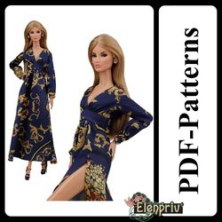 PDF Pattern Beautiful silk dress for 11 1/2 FR2, Pivotal, Repro, MTM, Silkstone Barbie doll