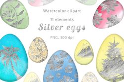 Silver eggs Watercolor clipart, PNG