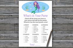 Mermaid What's in your purse game,Mermaid Baby shower games printable,Fun Baby Shower Activity,Instant Download-336