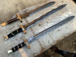Set of 3 Damascus Steel Hunting Swords - Micarta Handle - Special File Work Brass, Free Leather Sheath, Handmade Swords