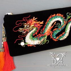 Chinese Dragon Luxury undefined Long Zipper Clutch - Handmade Velvet Evening Bag