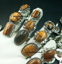 10 Pcs Healling Tiger Eye Gemstone Silver Plated Fancy Ring, Wholesale Ring For Good Luck, Handmade Rings Lot For Unisex