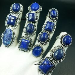 10 Pcs Healling Lap9is Lapis Lazuli Gemstone Silver Plated Ring, Wholesale Ring For Luck, Handmade Rings Lot For Unisex