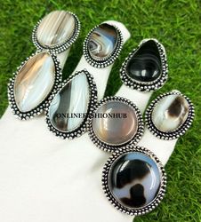 10 Pcs Botswana Agate Gemstone Silver Plated Ring, Wholesale Ring For Luck, Handmade Rings Lot For Unisex