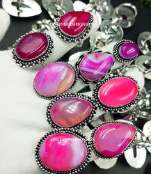 10 Pcs Pink Botswana Agate Gemstone Silver Plated Ring, Wholesale Ring For Gift , Handmade Rings Lot For Birthday