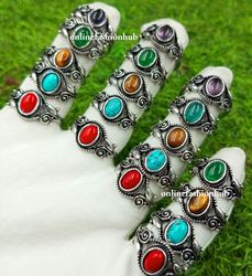 10 Pcs Coral & Mix Gemstone Silver Plated Ring, Best Offer Ring For Gift , Handmade Casting Rings Lot For Birthday