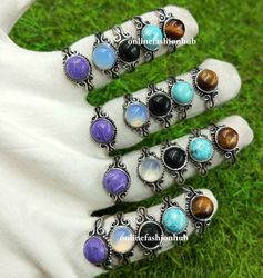 10 Pcs Charoite & Mix Gemstone Silver Plated Ring, Best Offer Ring For Gift , Handmade Casting Rings Lot For Birthday