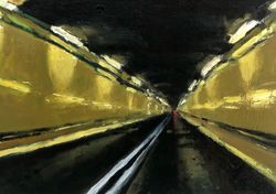 Original Oil Painting Impasto Oil  Night Tunnel Artwork by Vladimir Milyutin