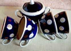 Set of 5  Cobalt Blue Gold Soviet Porcelain 4 Cups & Sugar bowl USSR Vintage