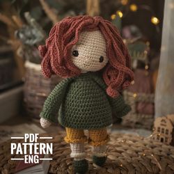 Crochet doll PATTERN, Amigurumi Human girl , Red  haired curly girl Eng tutorial