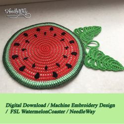 Free standing lace Watermelon Coaster 6x8 digital machine embroidery design Lace is made in crochet technique.