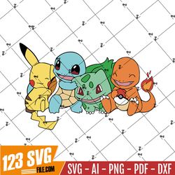 Pokemon Starters SVG digital print | Squirtle download file | Pikachu | Charmander | Bulbasaur SVG PNG | Cricut ready fi