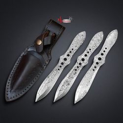 LOT OF 3 DAMASCUS THROWING KNIVES ,HANDMADE DAMASCUS STEEL KNIFE, throwing, KNIFE WITH LEATHER SHEATH MK3774M