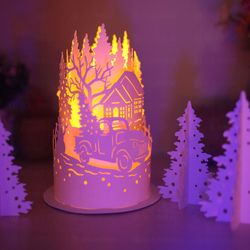 Paper Cut Lamp Christmas Truck With Tree - Paper Cutting Template - DIY Paper Cut Lamp - Xmas SVG Files - Merry Christma