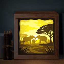Elephant Family Light Box Template, 3D Shadow Box SVG, Paper Cutting Template, Light Box SVG Files