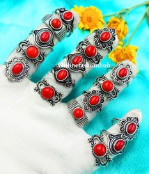 10 Pcs Red Coral Gemstone Silver Plated Ring, Beautiful Ring For Gift , Handmade Casting Rings Lot For Birthday